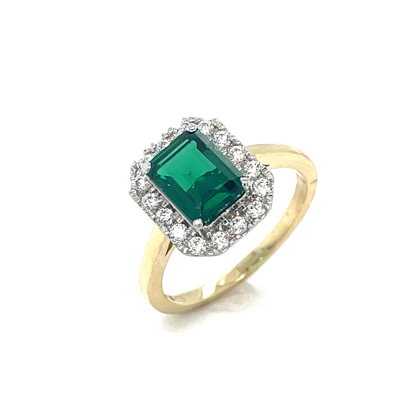 9CT Emerald Cut Cubic Zirconia and Green Stone Halo Dress Ring