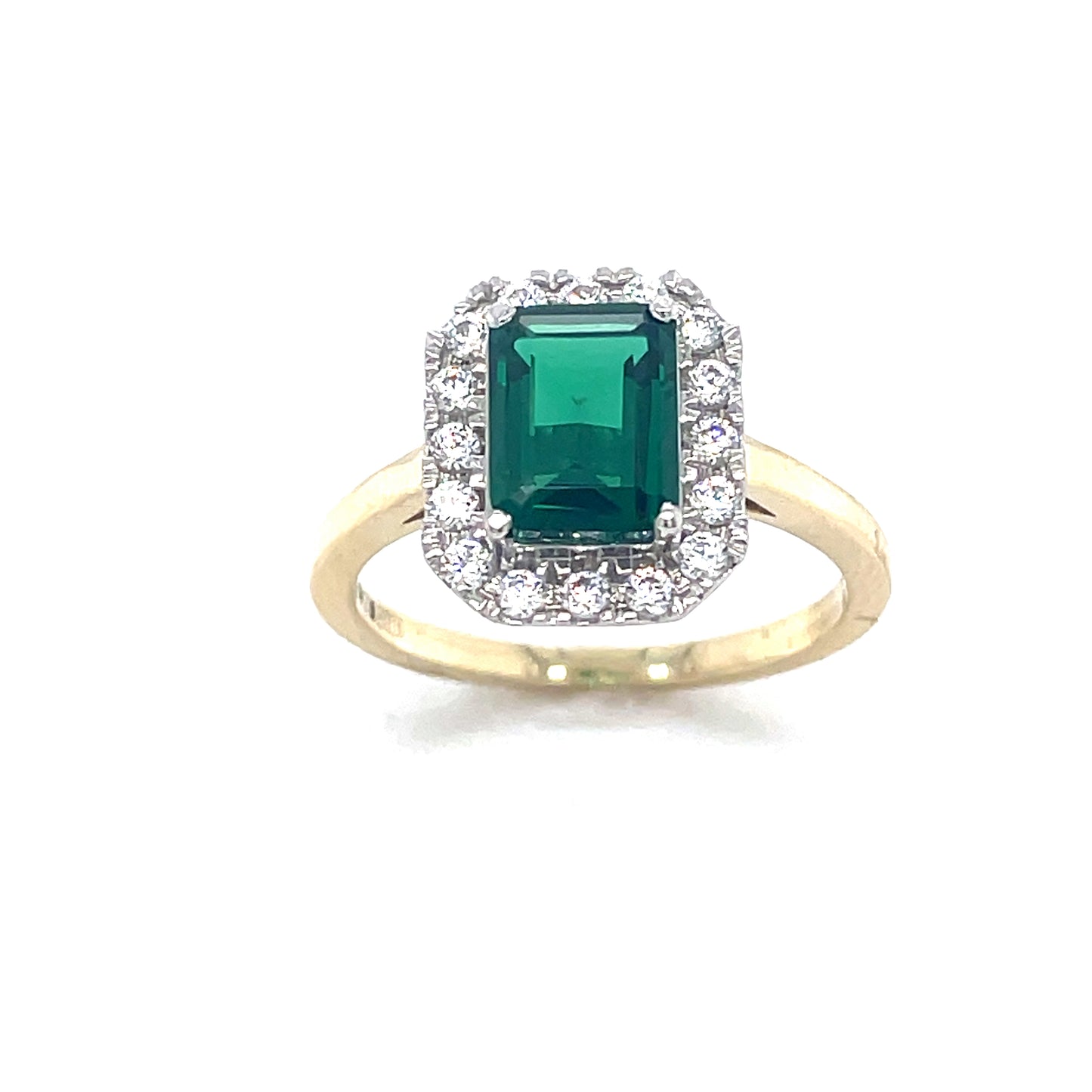9CT Emerald Cut Cubic Zirconia and Green Stone Halo Dress Ring