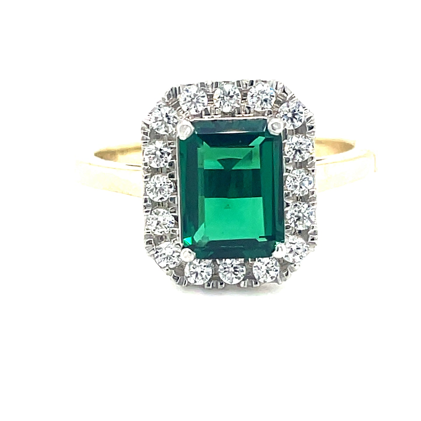 9CT Emerald Cut Cubic Zirconia and Green Stone Halo Dress Ring