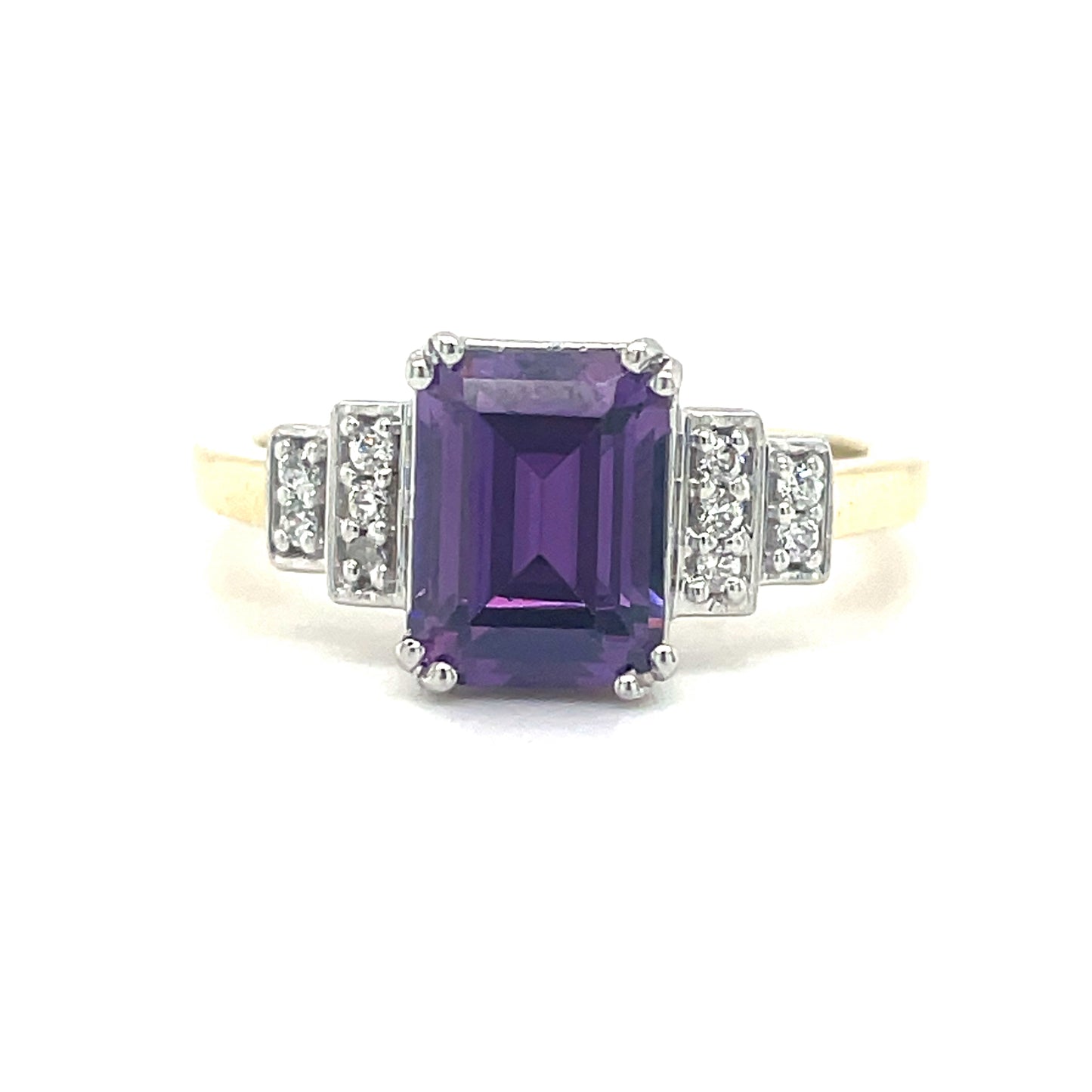 9CT Emerald Cut Cubic Zirconia and Purple Stone Dress Ring with Graduated Shoulders