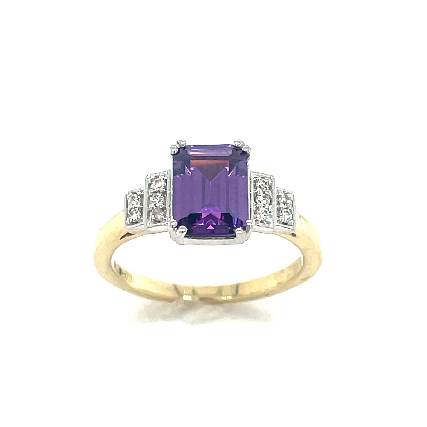 9CT Emerald Cut Cubic Zirconia and Purple Stone Dress Ring with Graduated Shoulders