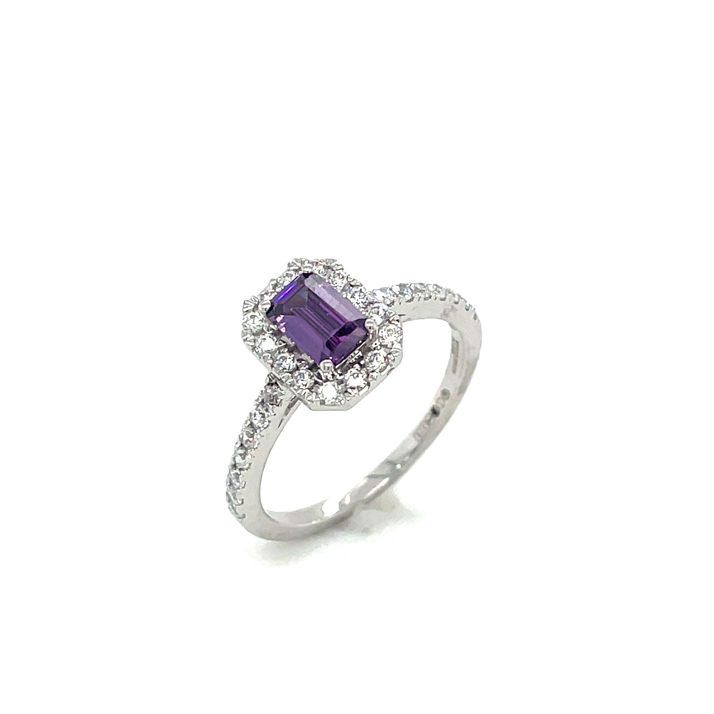 9CT White Gold Emerald Cut Cubic Zirconia and Purple Stone Dress Ring with Stone Set Shoulders