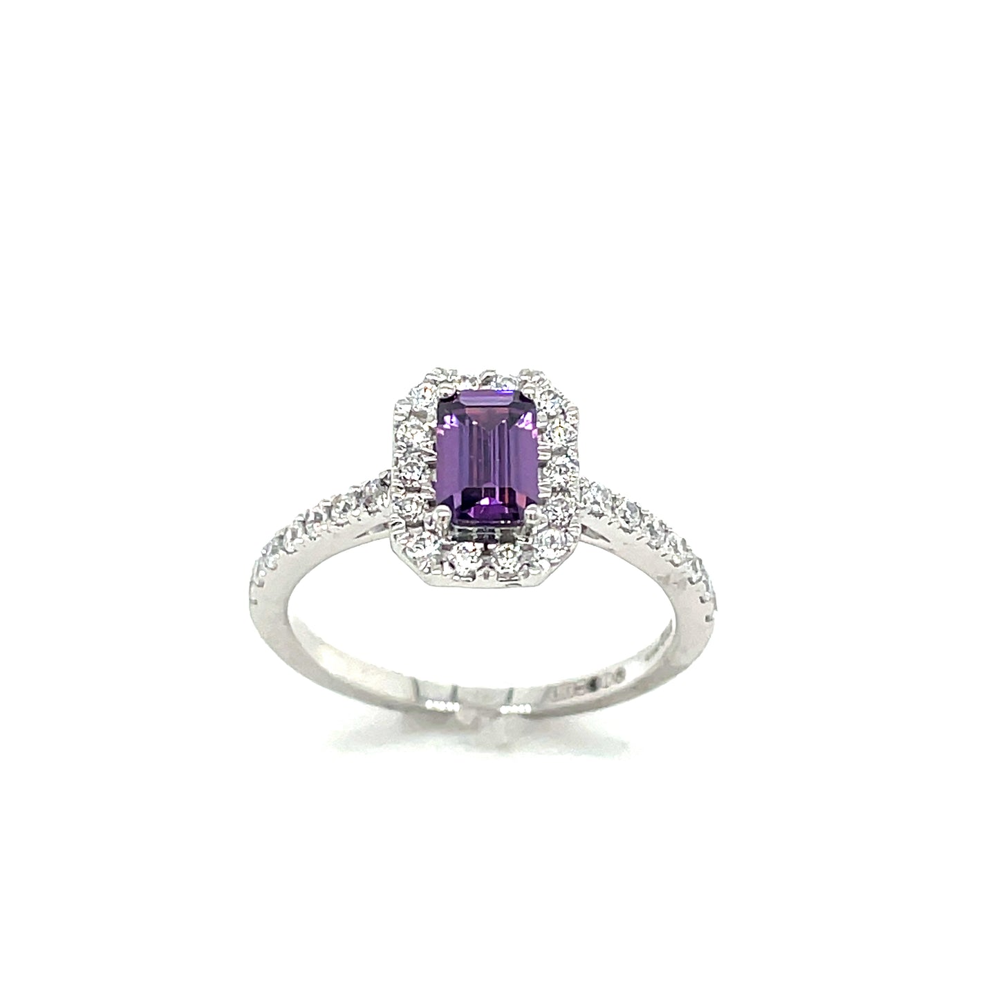9CT White Gold Emerald Cut Cubic Zirconia and Purple Stone Dress Ring with Stone Set Shoulders