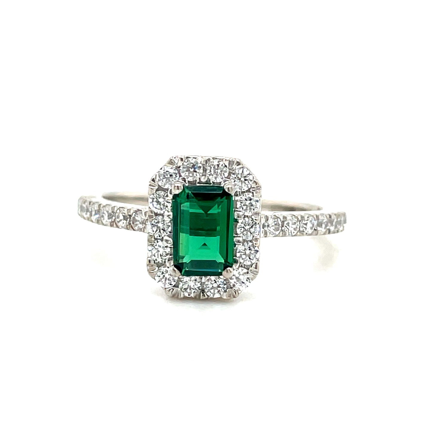 9CT White Gold Emerald Cut Halo Cubic Zirconia and Green Stone Dress Ring with Stone Set Shoulders
