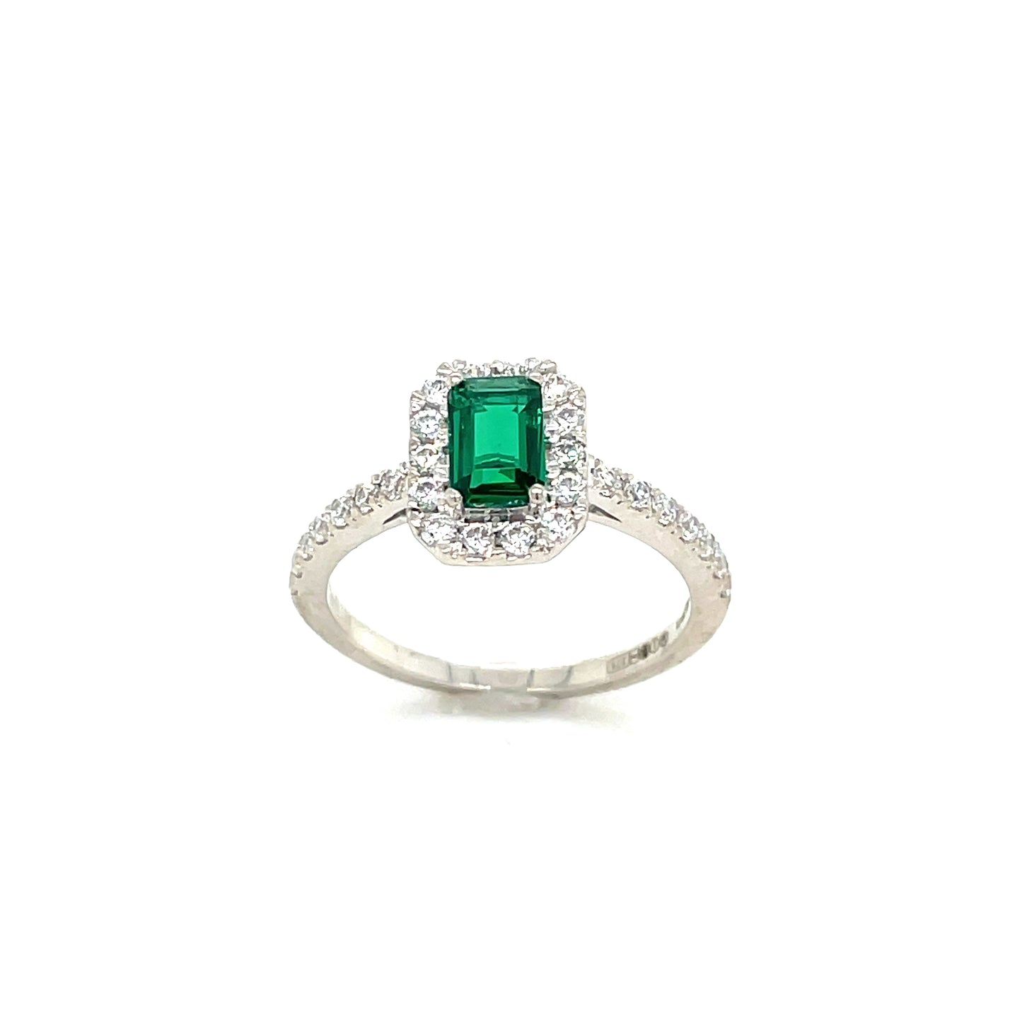 9CT White Gold Emerald Cut Halo Cubic Zirconia and Green Stone Dress Ring with Stone Set Shoulders