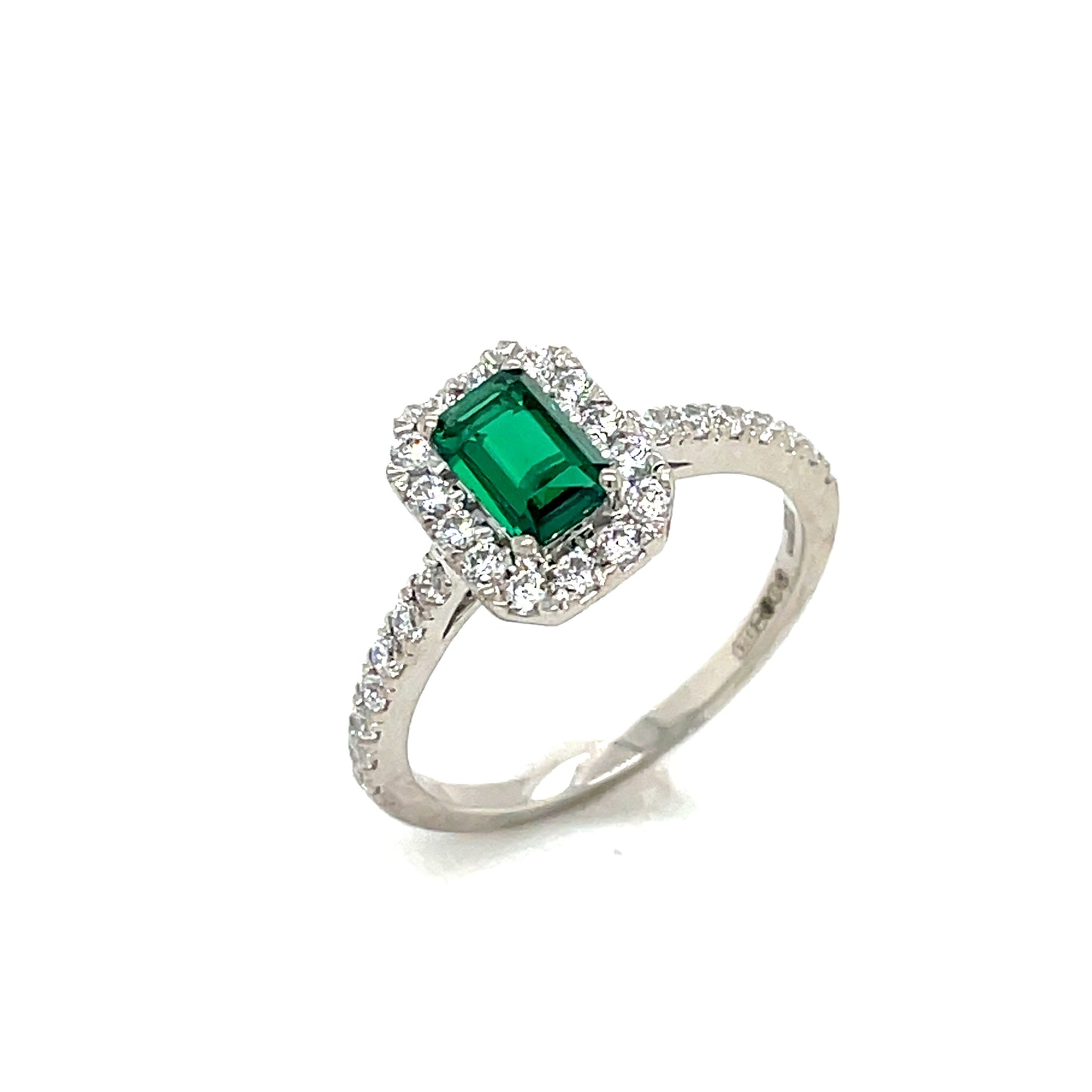 9CT White Gold Emerald Cut Halo Cubic Zirconia and Green Stone Dress Ring with Stone Set Shoulders