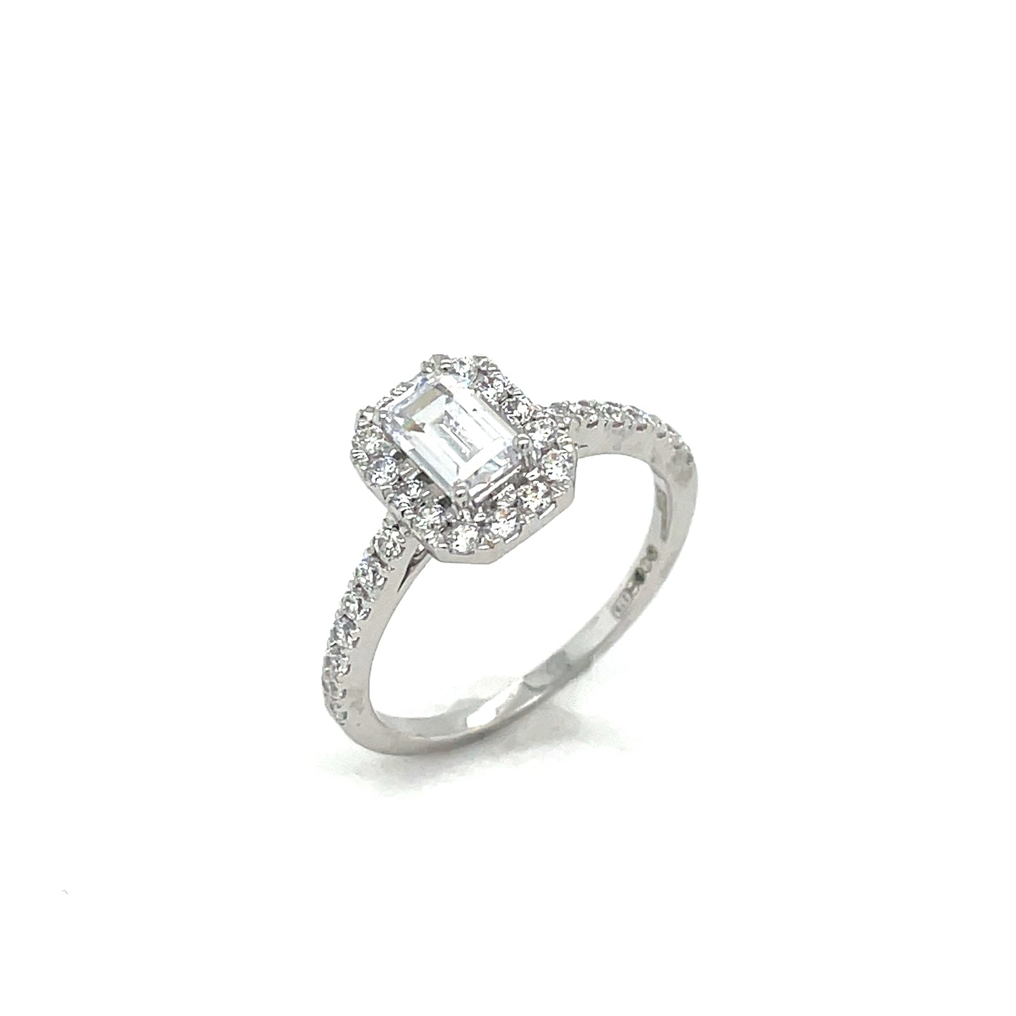 9CT White Gold Emerald Cut Halo Cubic Zirconia Dress Ring with Stone Set Shoulders