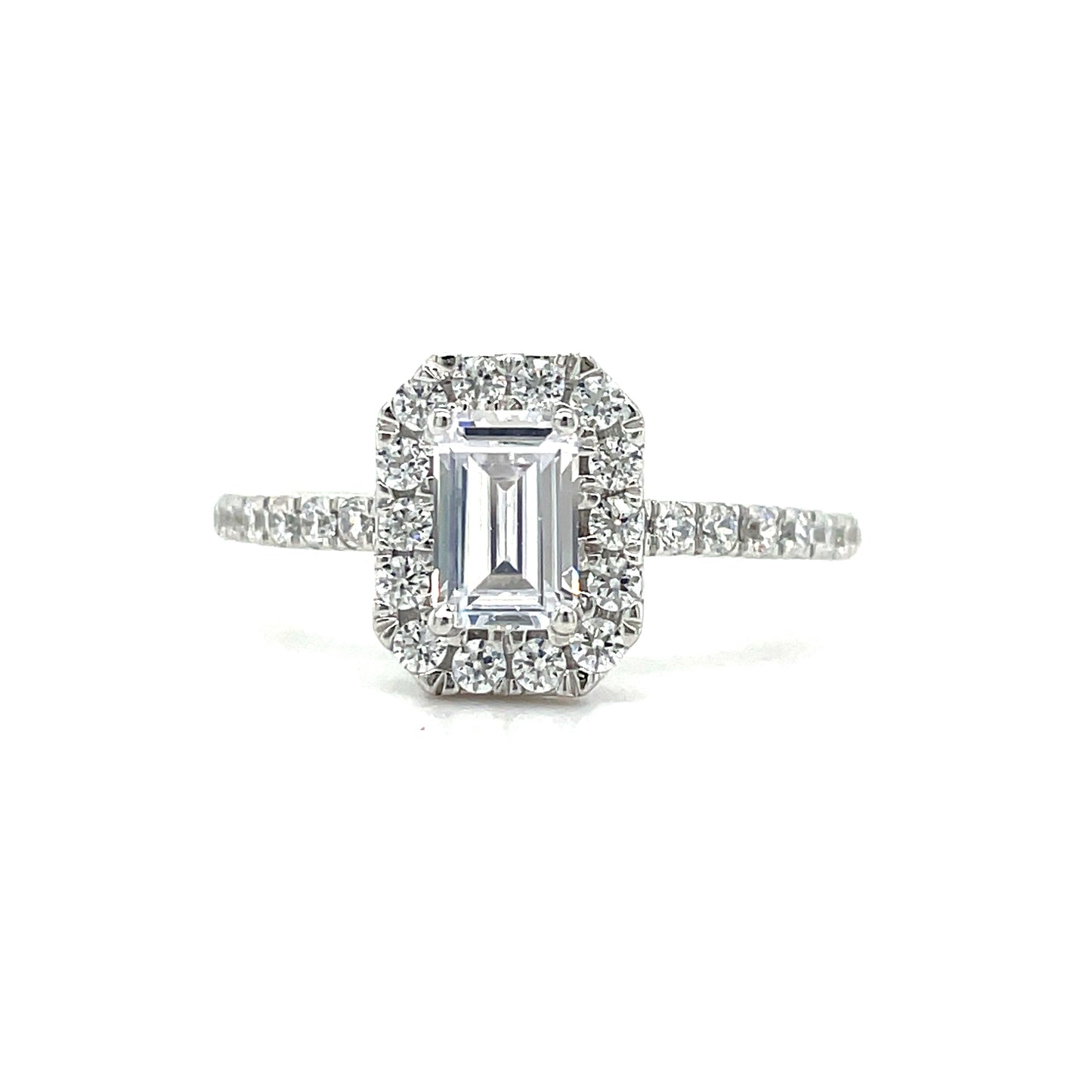 9CT White Gold Emerald Cut Halo Cubic Zirconia Dress Ring with Stone Set Shoulders