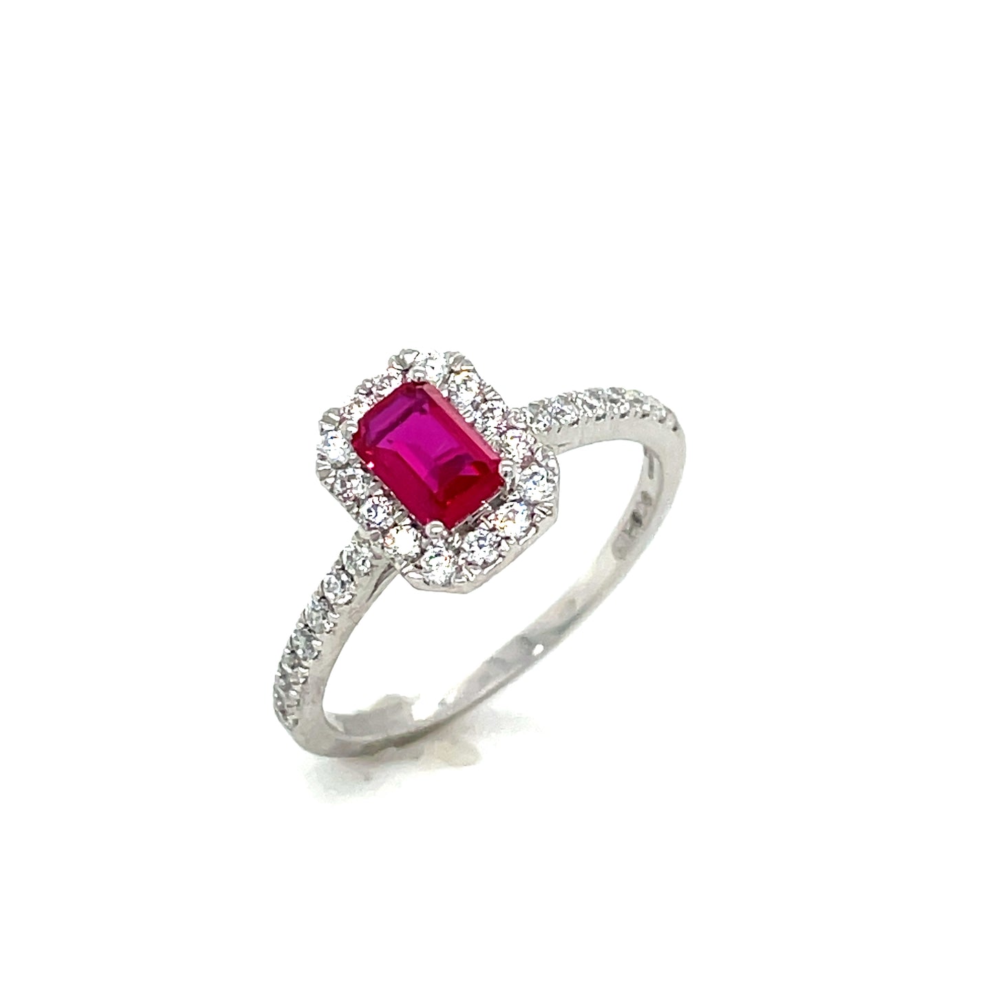 9CT White Gold Emerald Cut Halo Cubic Zirconia and Red Stone Dress Ring with Stone Set Shoulders