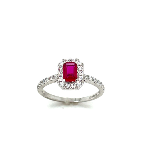 9CT White Gold Emerald Cut Halo Cubic Zirconia and Red Stone Dress Ring with Stone Set Shoulders