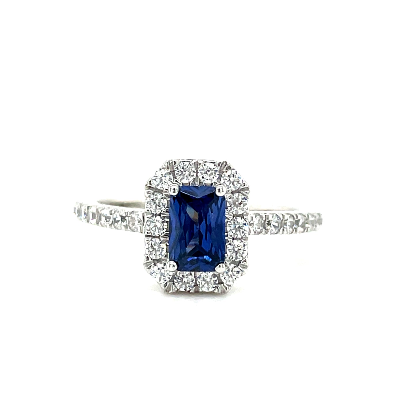 9CT White Gold Emerald Cut Halo Cubic Zirconia and Blue Stone Dress Ring with Stone Set Shoulders