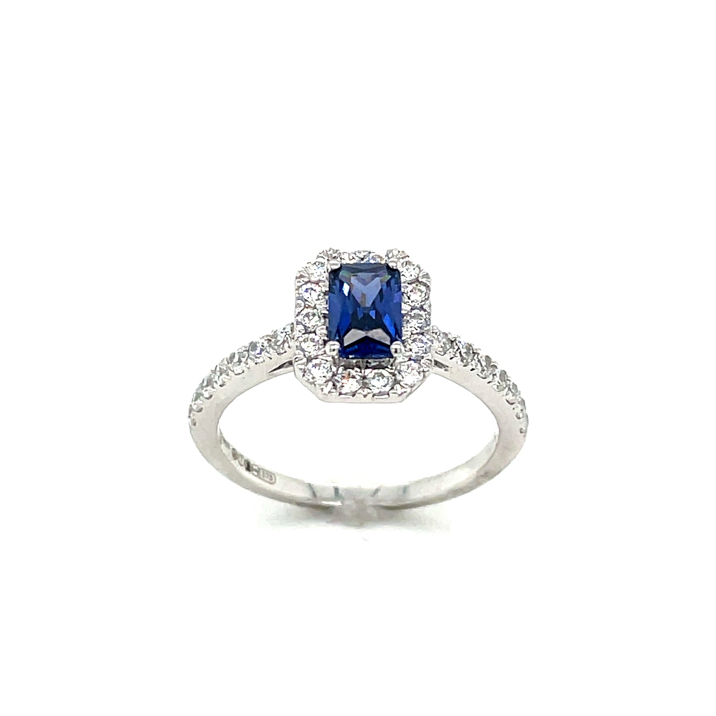 9CT White Gold Emerald Cut Halo Cubic Zirconia and Blue Stone Dress Ring with Stone Set Shoulders