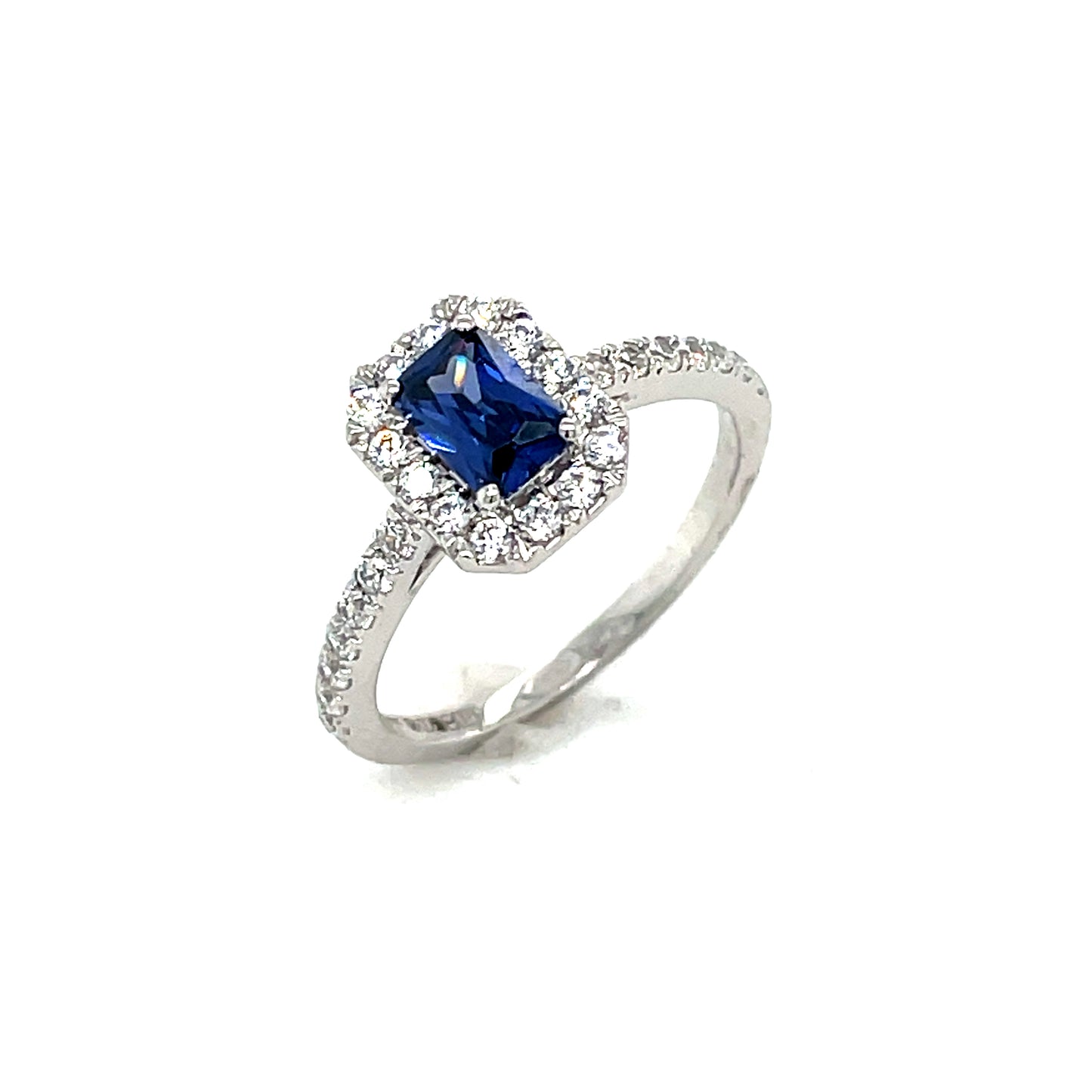 9CT White Gold Emerald Cut Halo Cubic Zirconia and Blue Stone Dress Ring with Stone Set Shoulders