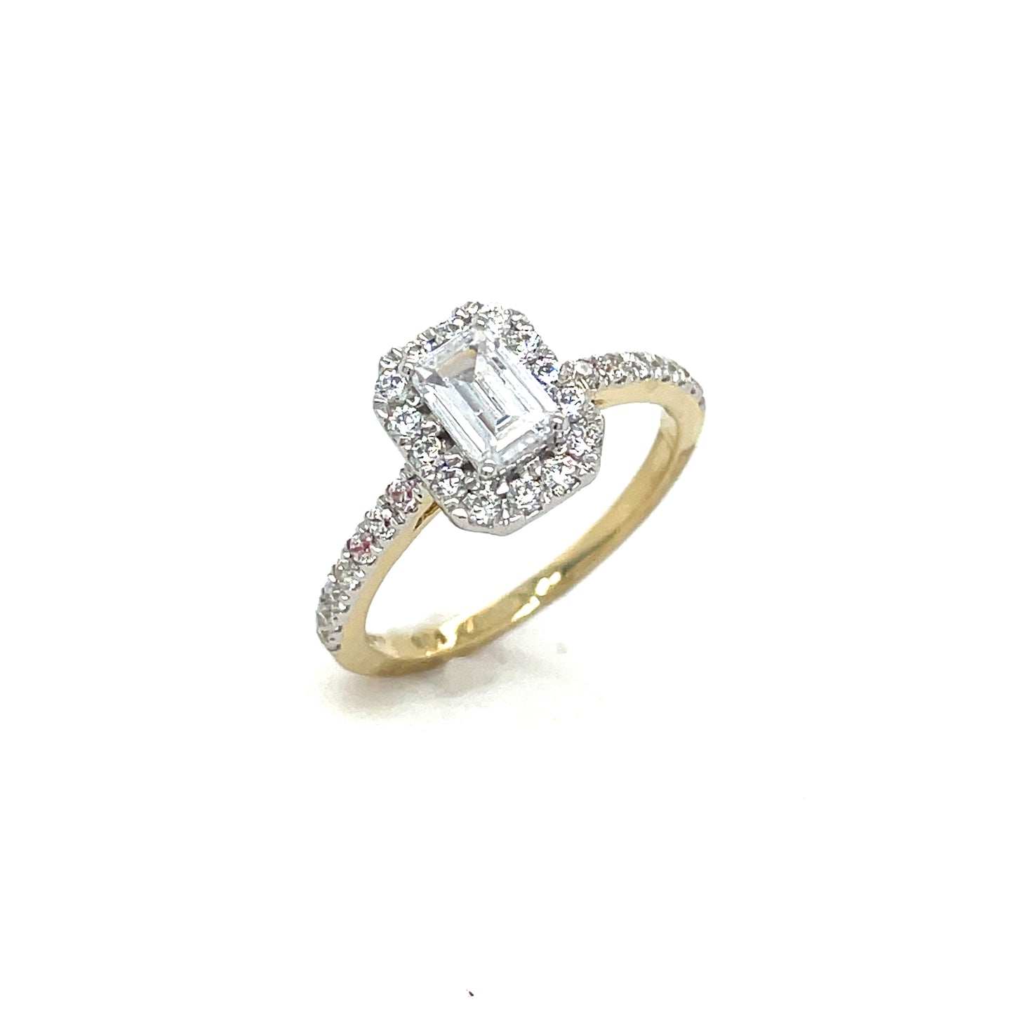 9CT Emerald Cut Halo Cubic Zirconia Dress Ring with Stone Set Shoulders