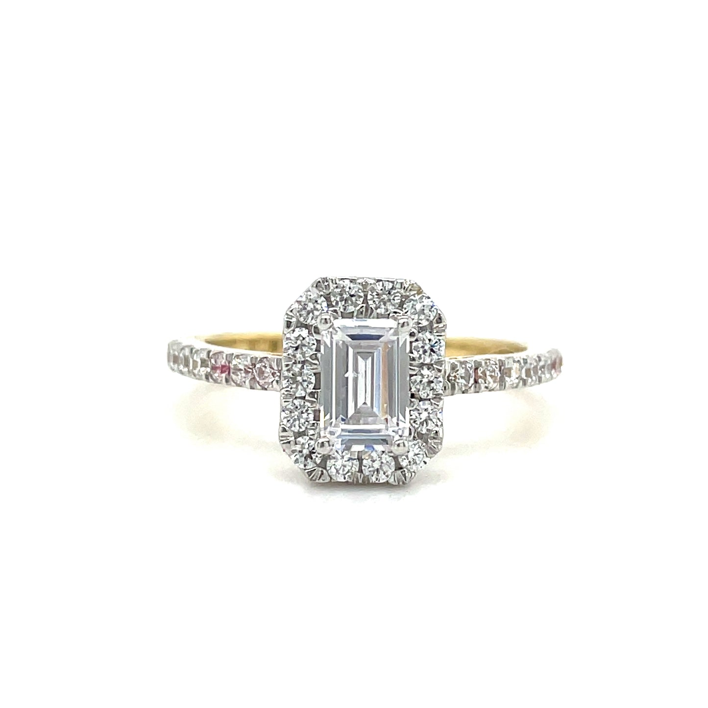9CT Emerald Cut Halo Cubic Zirconia Dress Ring with Stone Set Shoulders