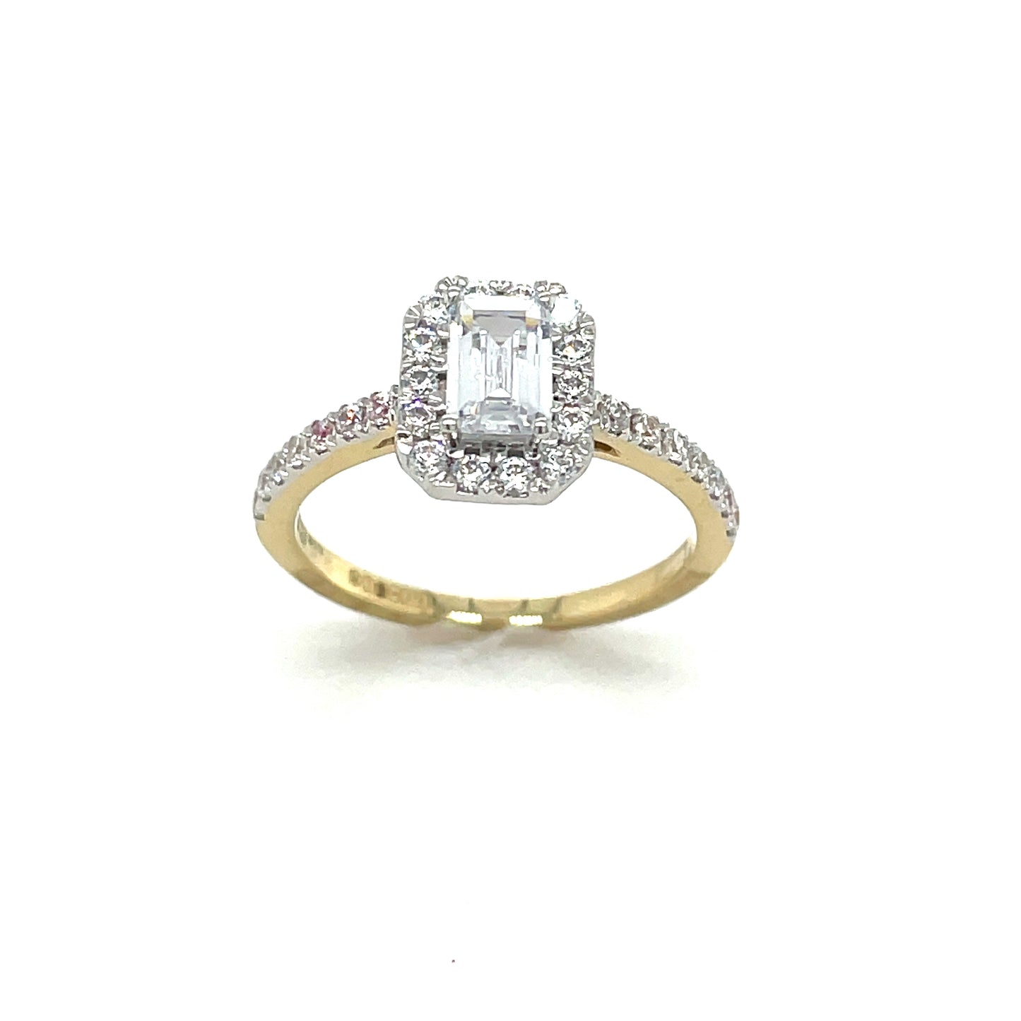 9CT Emerald Cut Halo Cubic Zirconia Dress Ring with Stone Set Shoulders