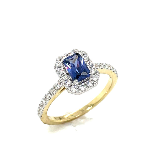 9CT Emerald Cut Halo Cubic Zirconia and Blue Stone Dress Ring with Stone Set Shoulders