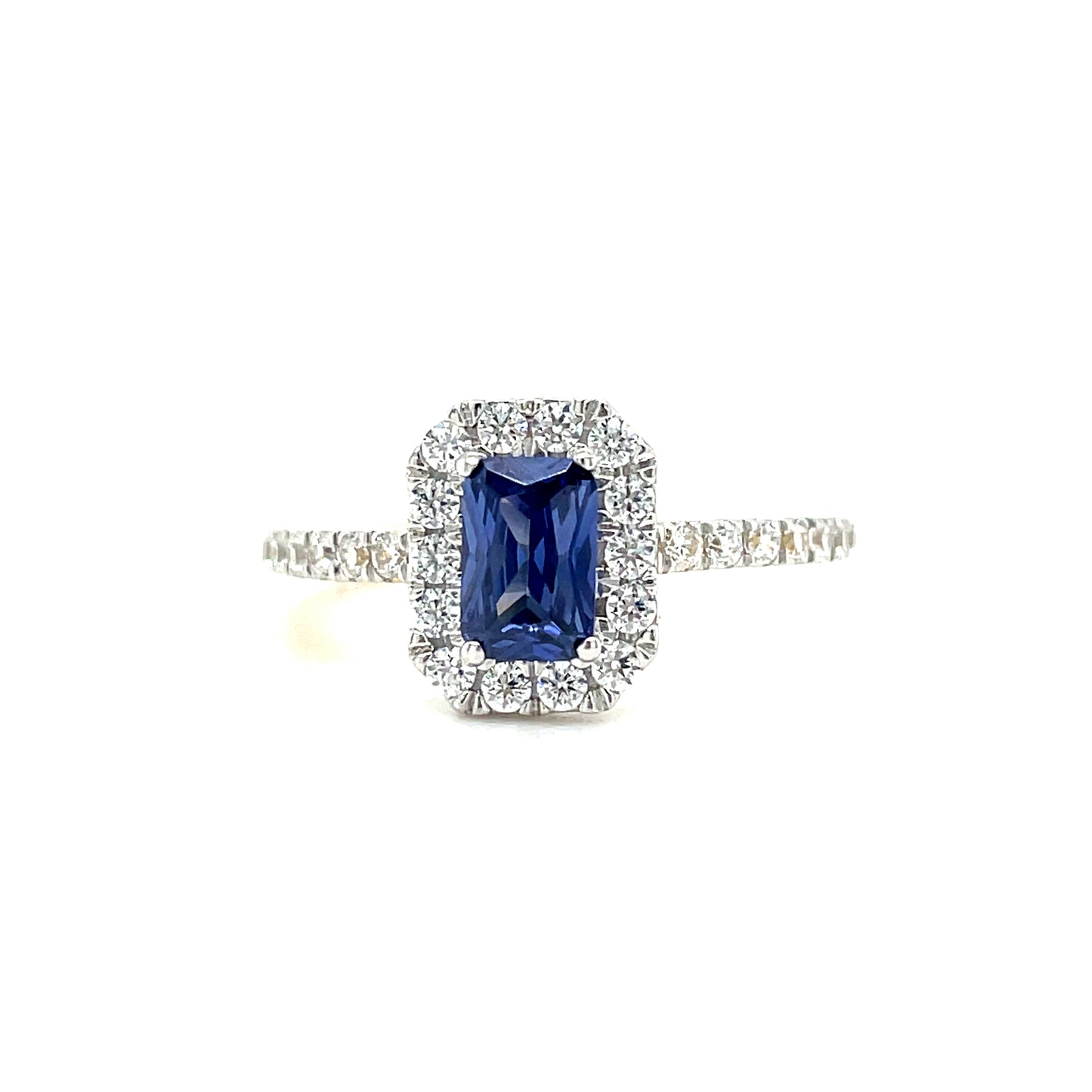 9CT Emerald Cut Halo Cubic Zirconia and Blue Stone Dress Ring with Stone Set Shoulders