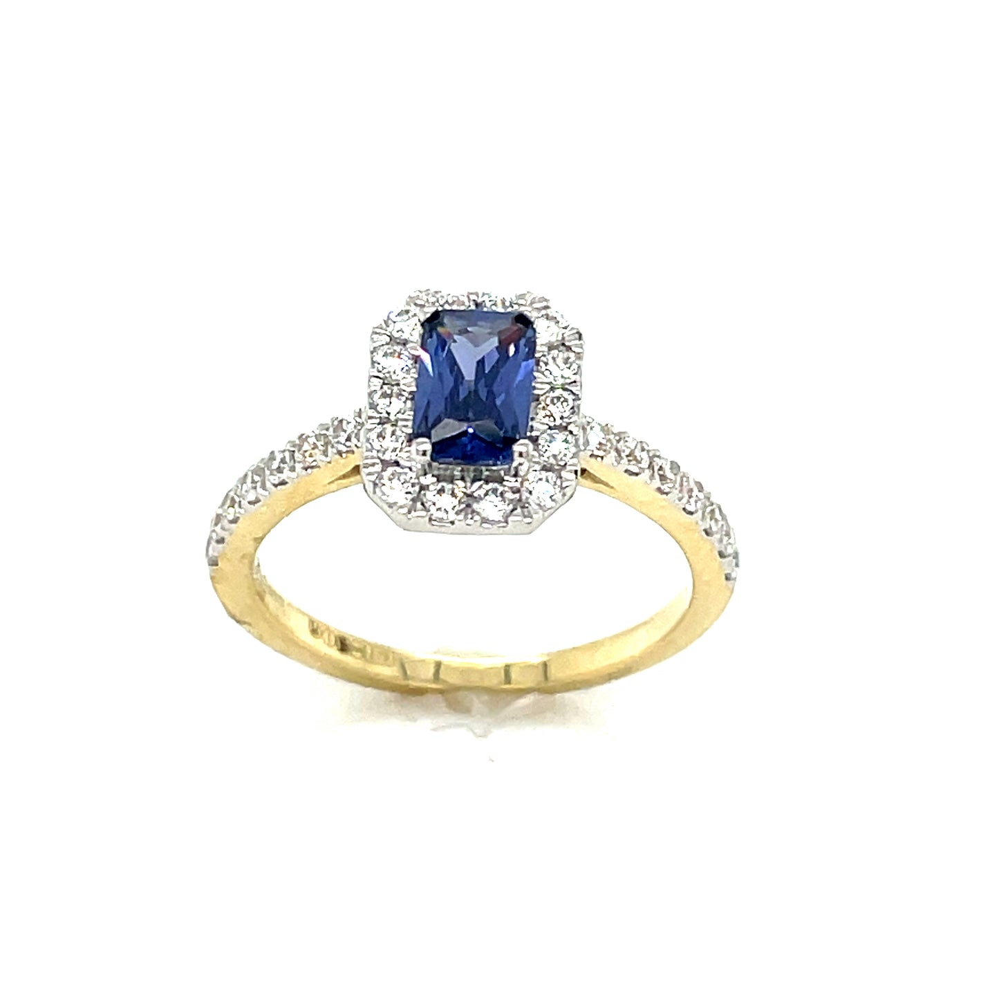 9CT Emerald Cut Halo Cubic Zirconia and Blue Stone Dress Ring with Stone Set Shoulders