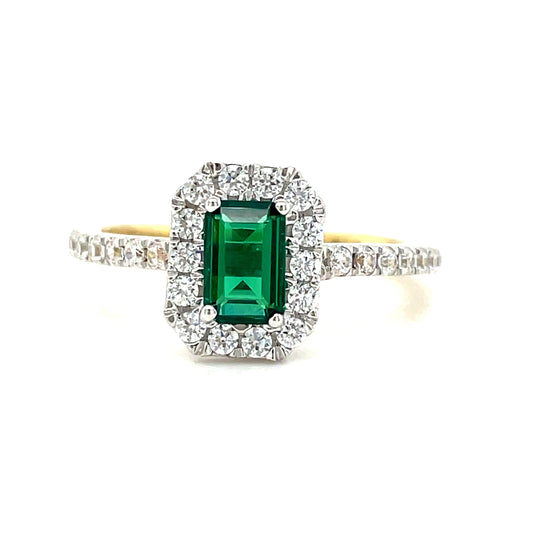 9CT Emerald Cut Halo Cubic Zirconia and Green Stone Dress Ring with Stone Set Shoulders