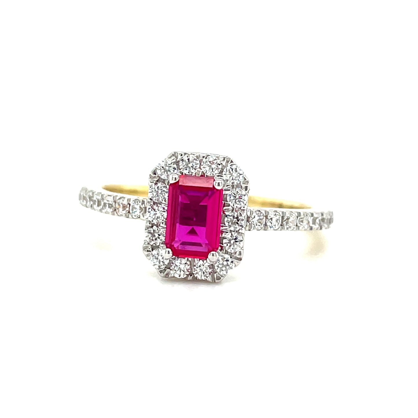 9CT Emerald Cut Halo Cubic Zirconia and Red Stone Dress Ring with Stone Set Shoulders