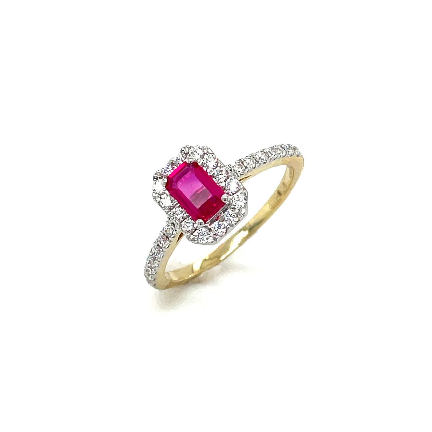 9CT Emerald Cut Halo Cubic Zirconia and Red Stone Dress Ring with Stone Set Shoulders