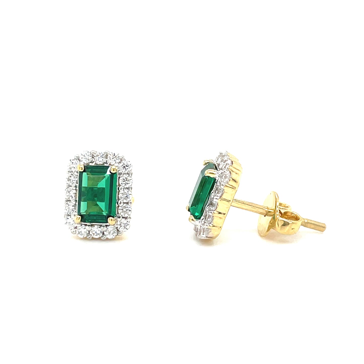 9CT Emerald Cut Halo Cubic Zirconia and Green Stone Stud Earring