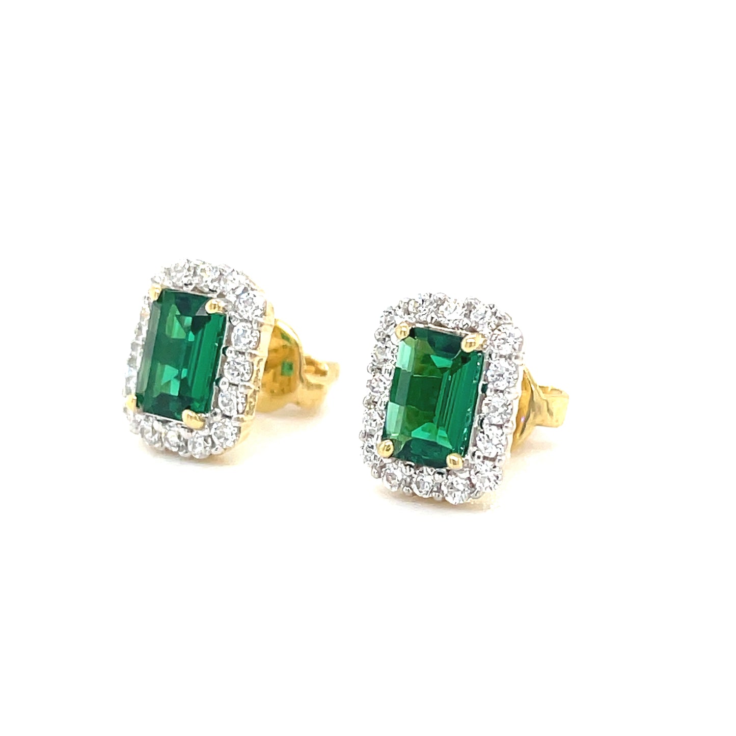 9CT Emerald Cut Halo Cubic Zirconia and Green Stone Stud Earring