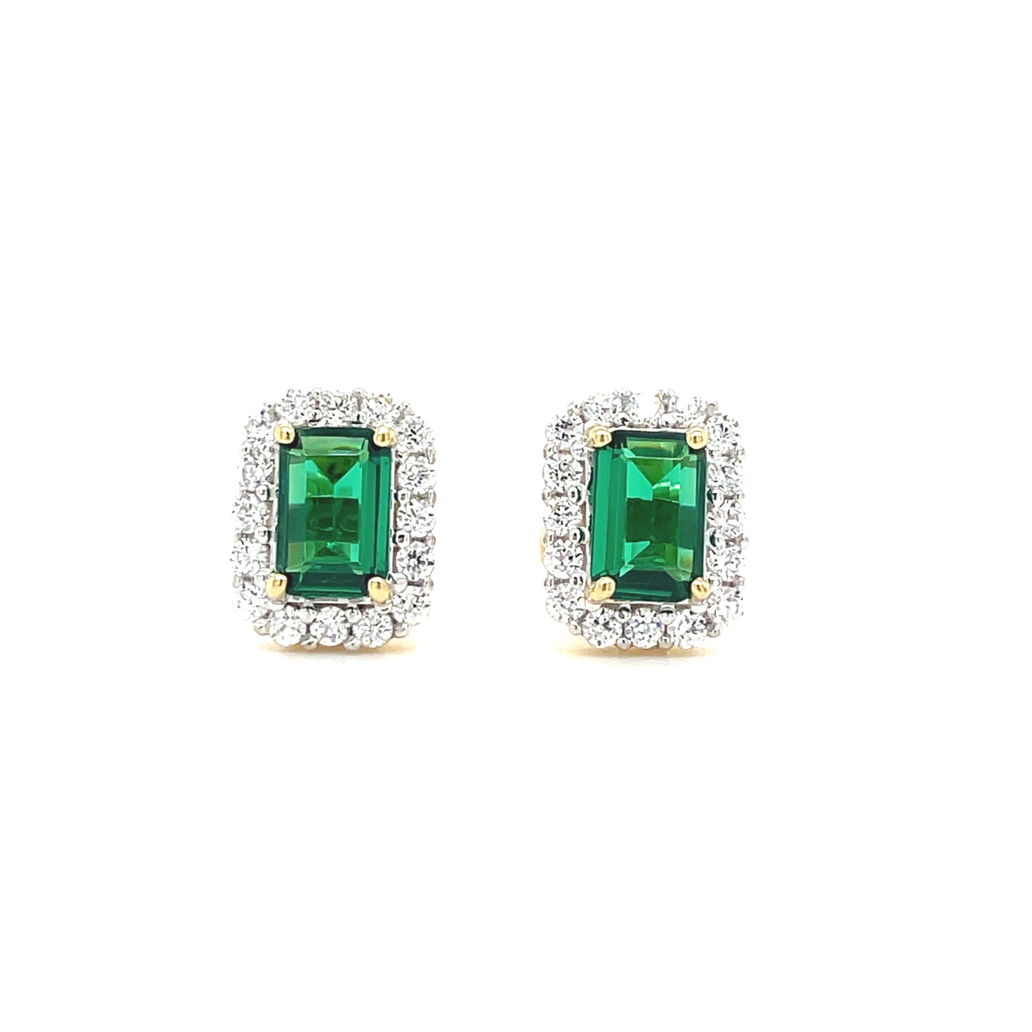 9CT Emerald Cut Halo Cubic Zirconia and Green Stone Stud Earring