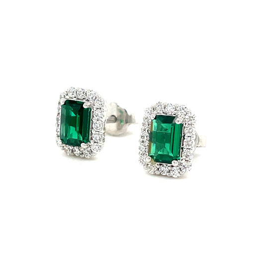 9CT White Gold Emerald Cut Halo Cubic Zirconia and Green Stone Stud Earring