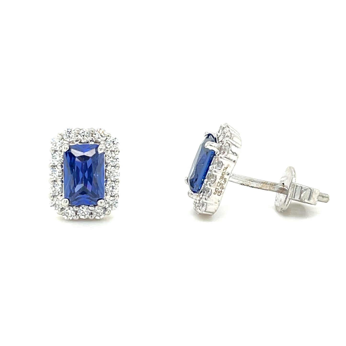 9CT White Gold Emerald Cut Halo Cubic Zirconia and Blue Stone Stud Earring