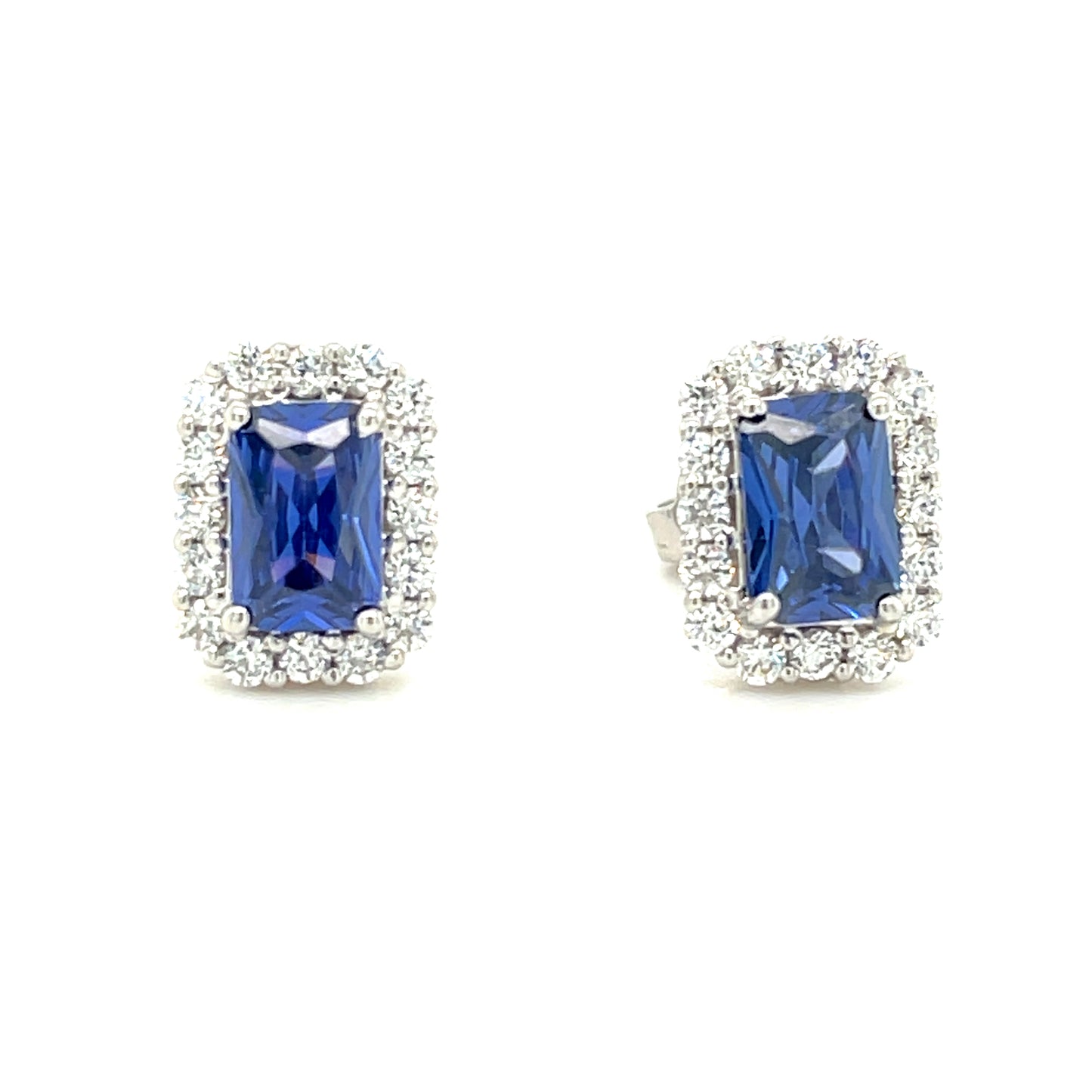 9CT White Gold Emerald Cut Halo Cubic Zirconia and Blue Stone Stud Earring