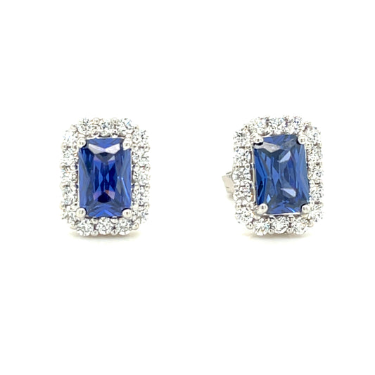 9CT White Gold Emerald Cut Halo Cubic Zirconia and Blue Stone Stud Earring