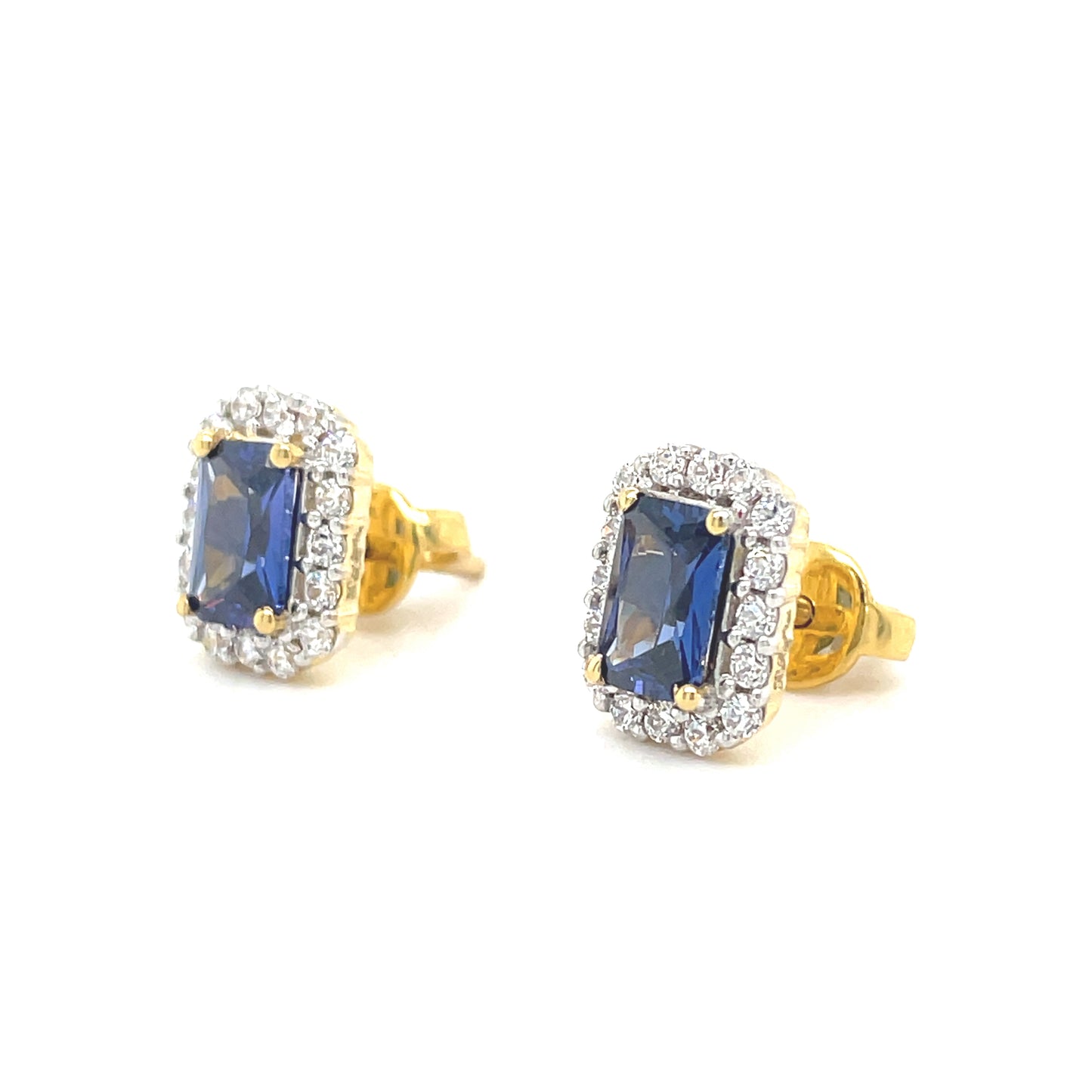 9CT Emerald Cut Halo Cubic Zirconia and Blue Stone Stud Earring