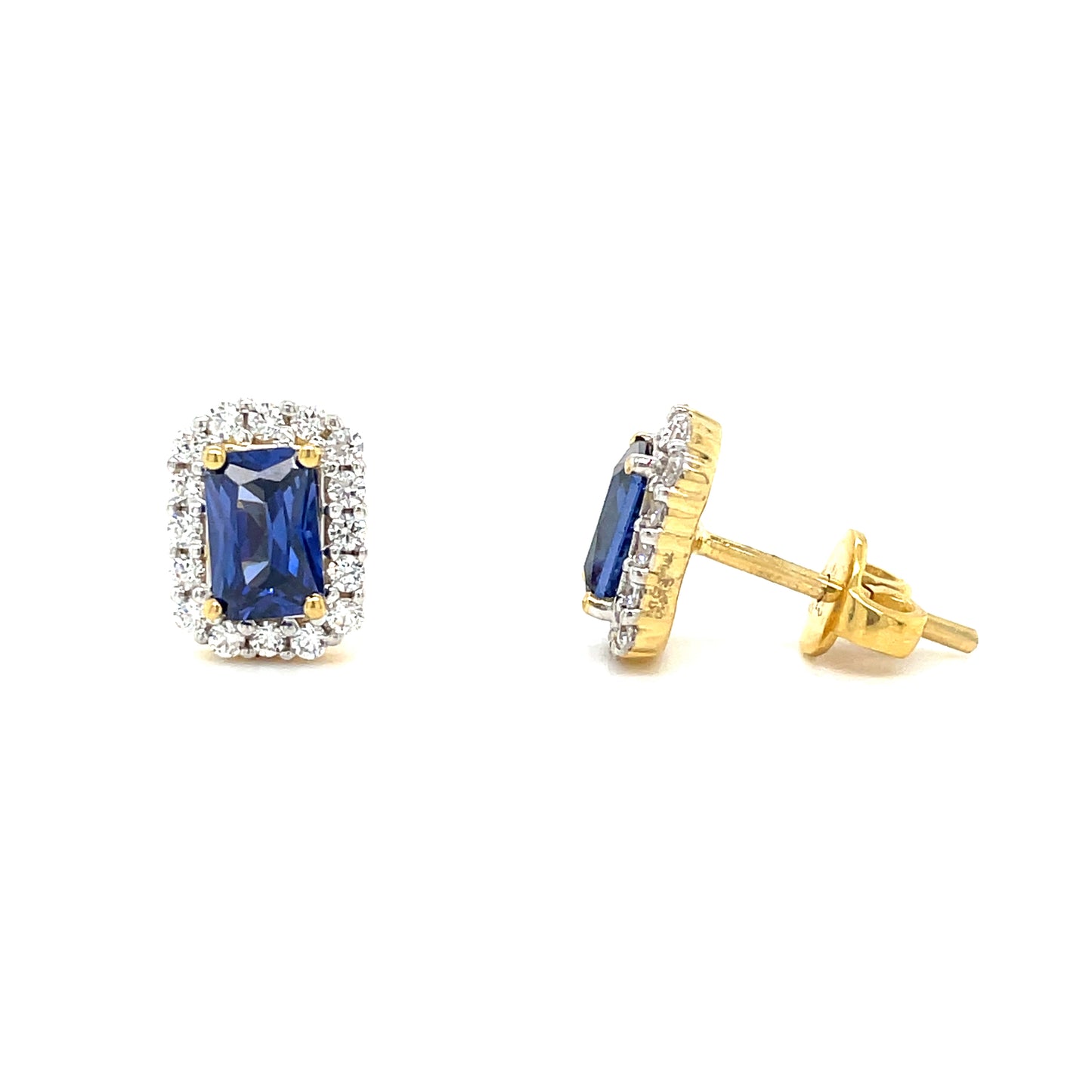 9CT Emerald Cut Halo Cubic Zirconia and Blue Stone Stud Earring