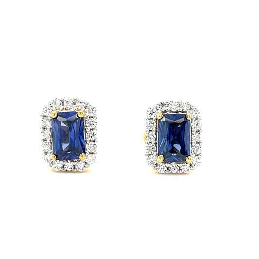 9CT Emerald Cut Halo Cubic Zirconia and Blue Stone Stud Earring