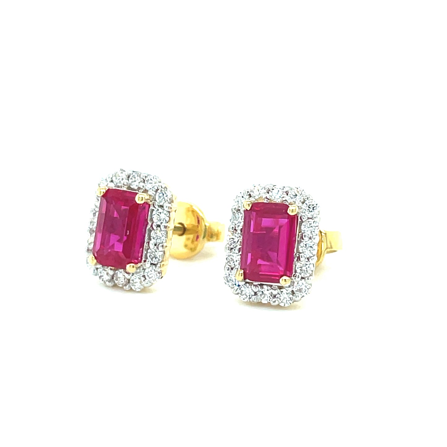 9CT Emerald Cut Halo Cubic Zirconia and Red Stone Stud Earring