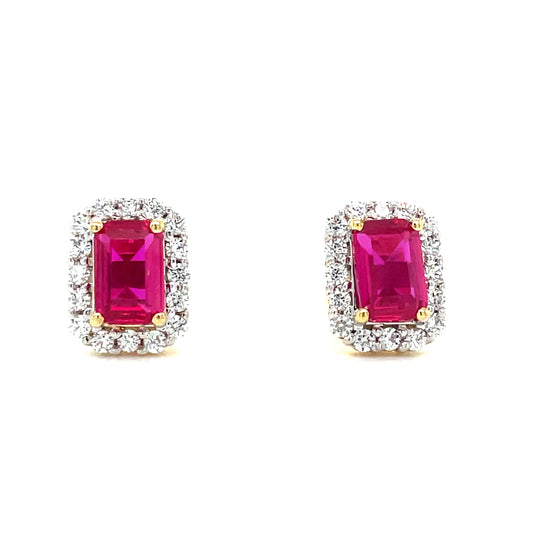 9CT Emerald Cut Halo Cubic Zirconia and Red Stone Stud Earring