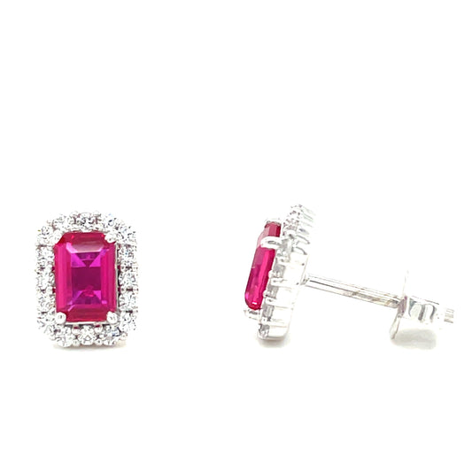 9CT White Gold Emerald Cut Halo Cubic Zirconia and Red Stone Stud Earring