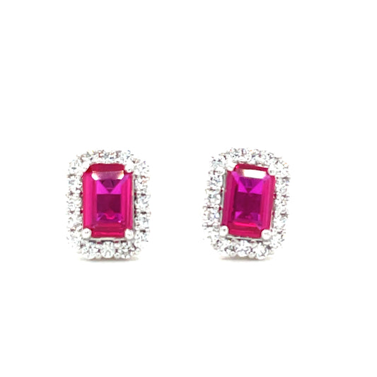 9CT White Gold Emerald Cut Halo Cubic Zirconia and Red Stone Stud Earring