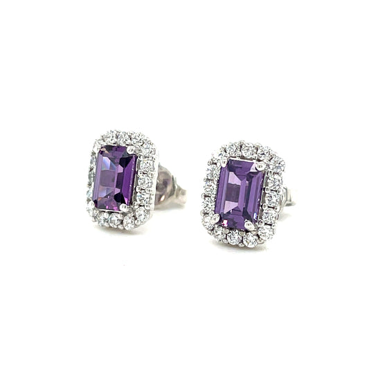 9CT White Gold Emerald Cut Halo Cubic Zirconia and Purple Stone Stud Earring