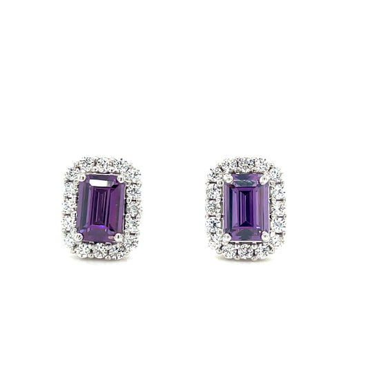 9CT White Gold Emerald Cut Halo Cubic Zirconia and Purple Stone Stud Earring