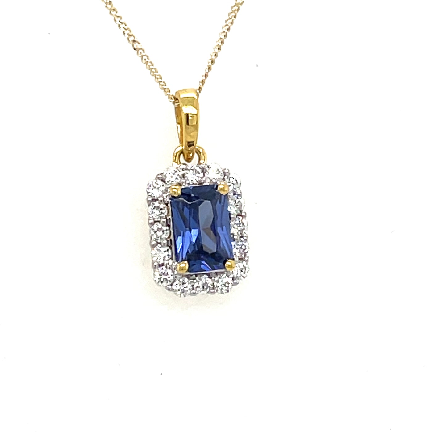 9CT Emerald Cut Halo Cubic Zirconia and Blue Stone Pendant