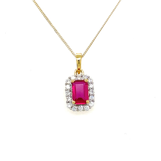 9CT Emerald Cut Halo Cubic Zirconia and Red Stone Pendant