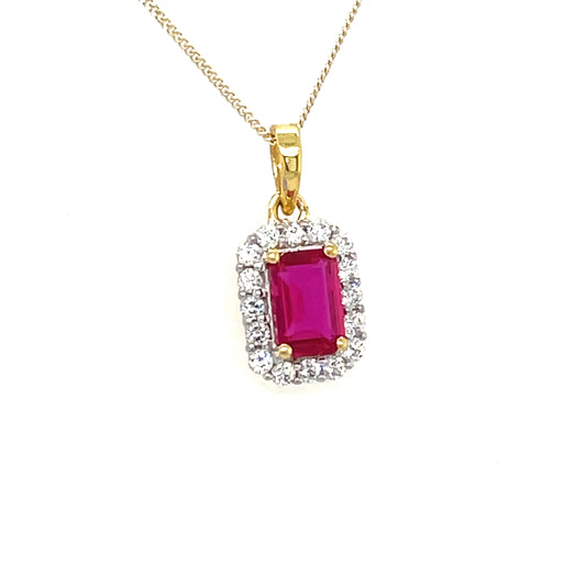 9CT Emerald Cut Halo Cubic Zirconia and Red Stone Pendant