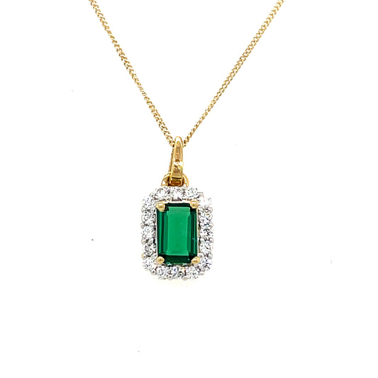 9CT Emerald Cut Cubic Zirconia and Green Stone Pendant