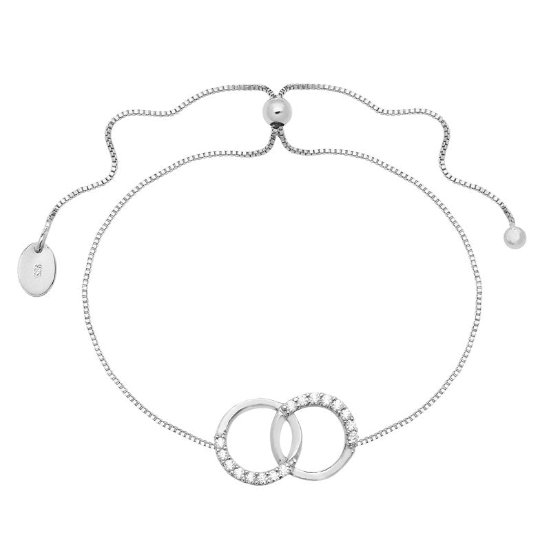 Silver double open circle with cubic zirconia bracelet