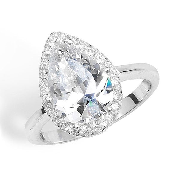 Silver cubic zirconia teardrop ring with cubic zirconia surround