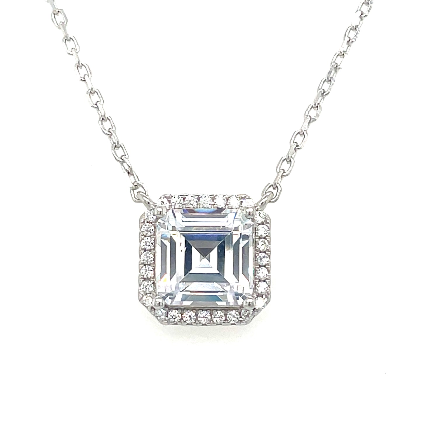 Sterling Silver Cubic Zirconia Square Halo Necklet