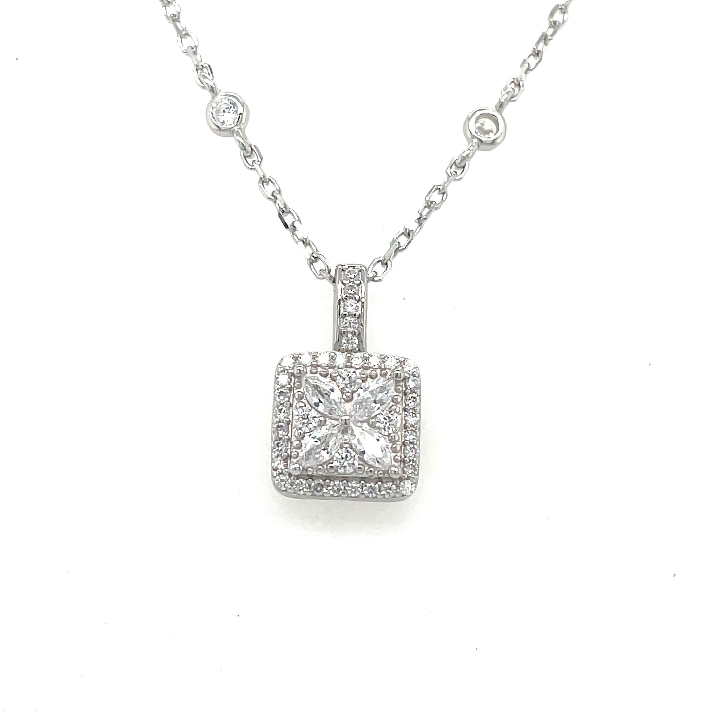 Sterling Silver Cubic Zirconia Square Cluster Rubover Scatter Necklet